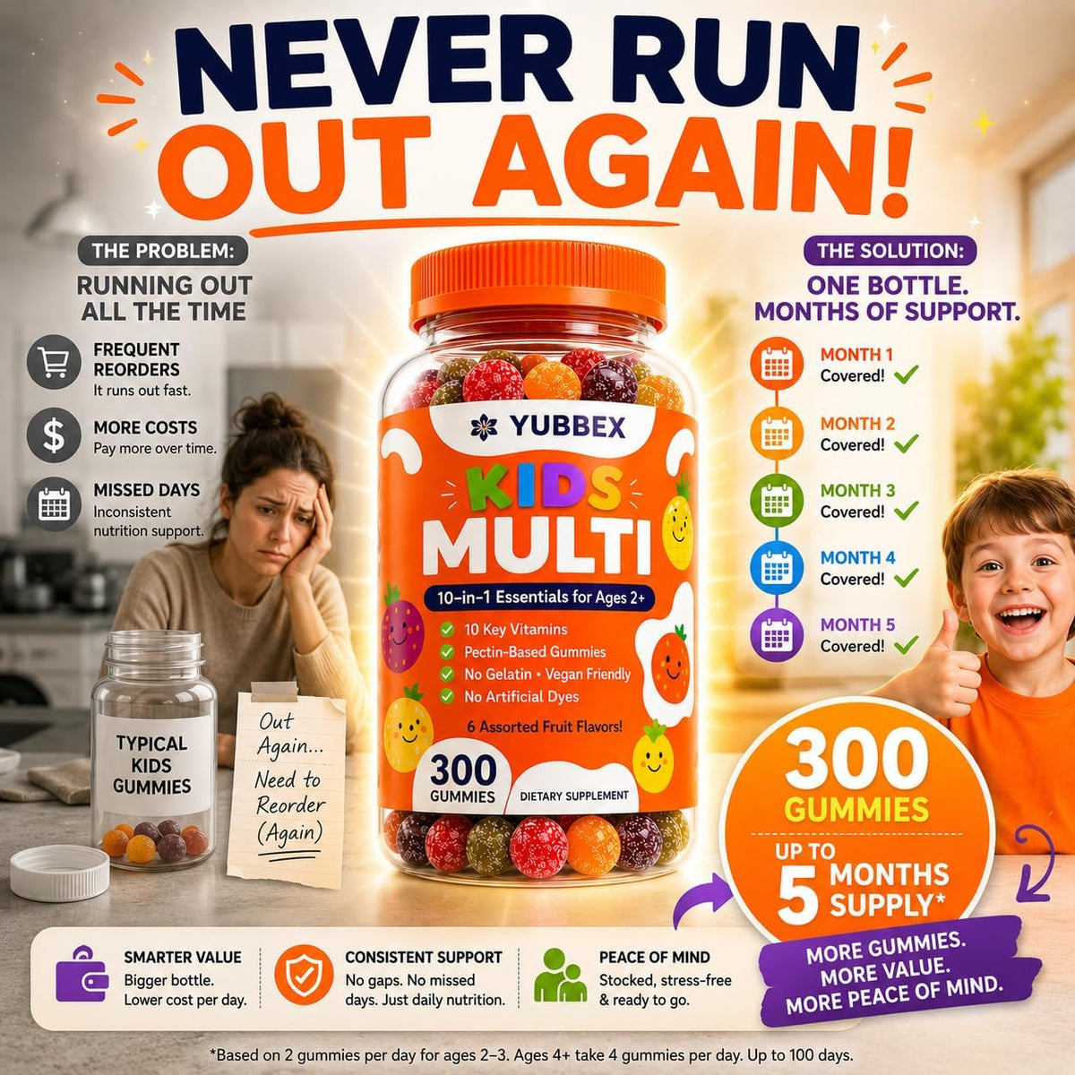 Halal Kids Multivitamin Gummies for Ages 2+ | 10-in-1, Gelatin-Free, 300 Count (5-Month Supply)