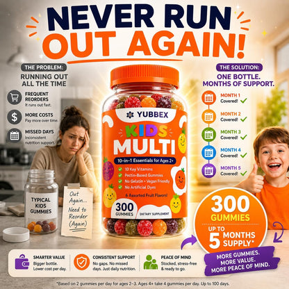 Kids Multivitamin Gummies for Ages 2+ - 10-in-1 Daily Vitamins for Kids & Toddlers, 300 Count (5 Month Supply), Vegan, Low Sugar, No Gelatin, Immune, Growth & Focus Support, 6 Fruit Flavors