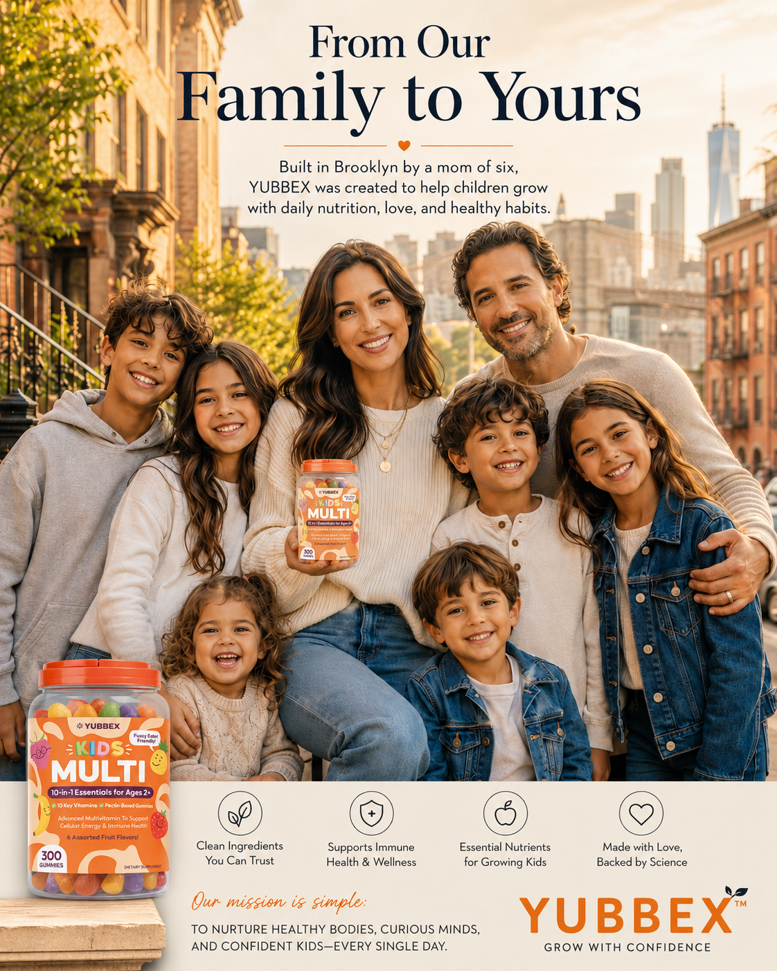 Julia, founder of YUBBEX, with her husband and six children on a Brooklyn street, holding a bottle of YUBBEX KIDS Multi